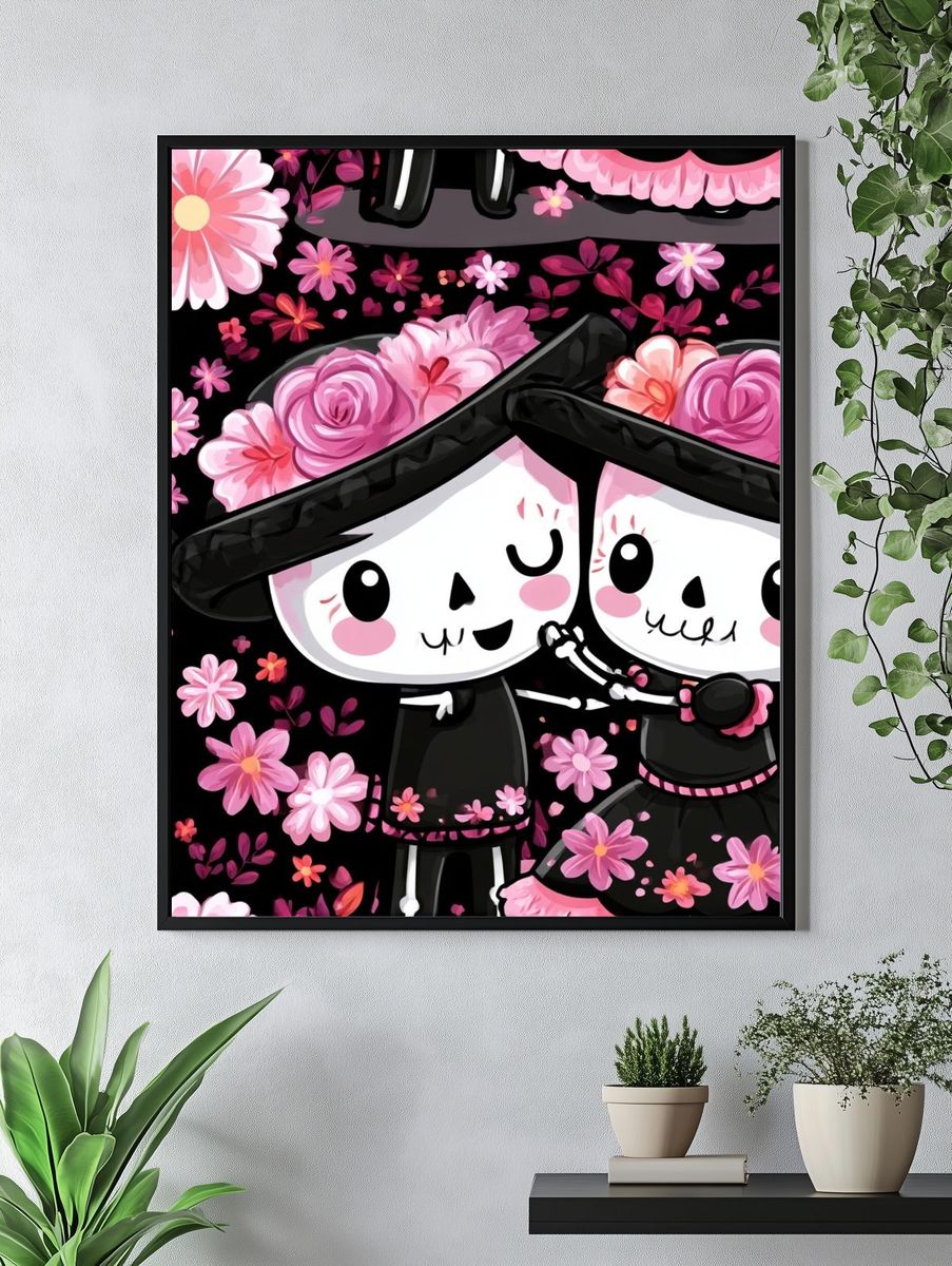 Cute Skull Couple Floral Poster. — room view 4