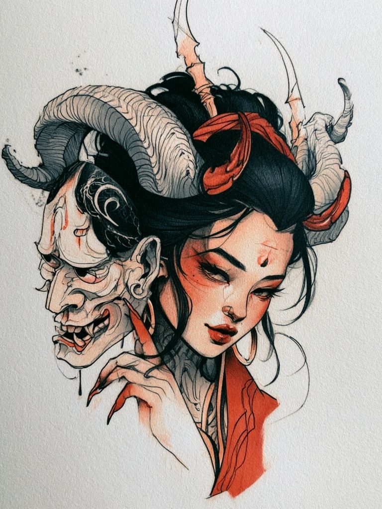 Demon Mask Woman Illustration Poster. poster detail