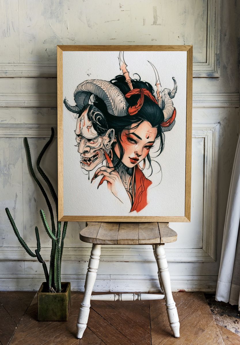 Demon Mask Woman Illustration Poster. room preview