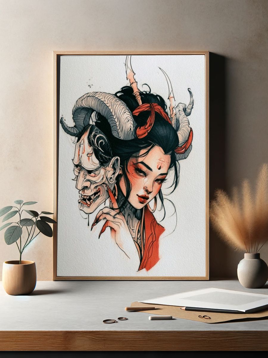 Demon Mask Woman Illustration Poster. — room view 2