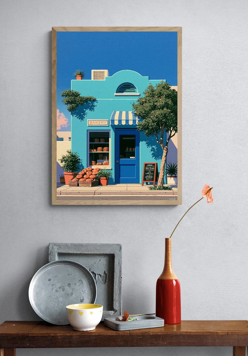Sunlit Bakery Facade Illustration Print. — room view 3