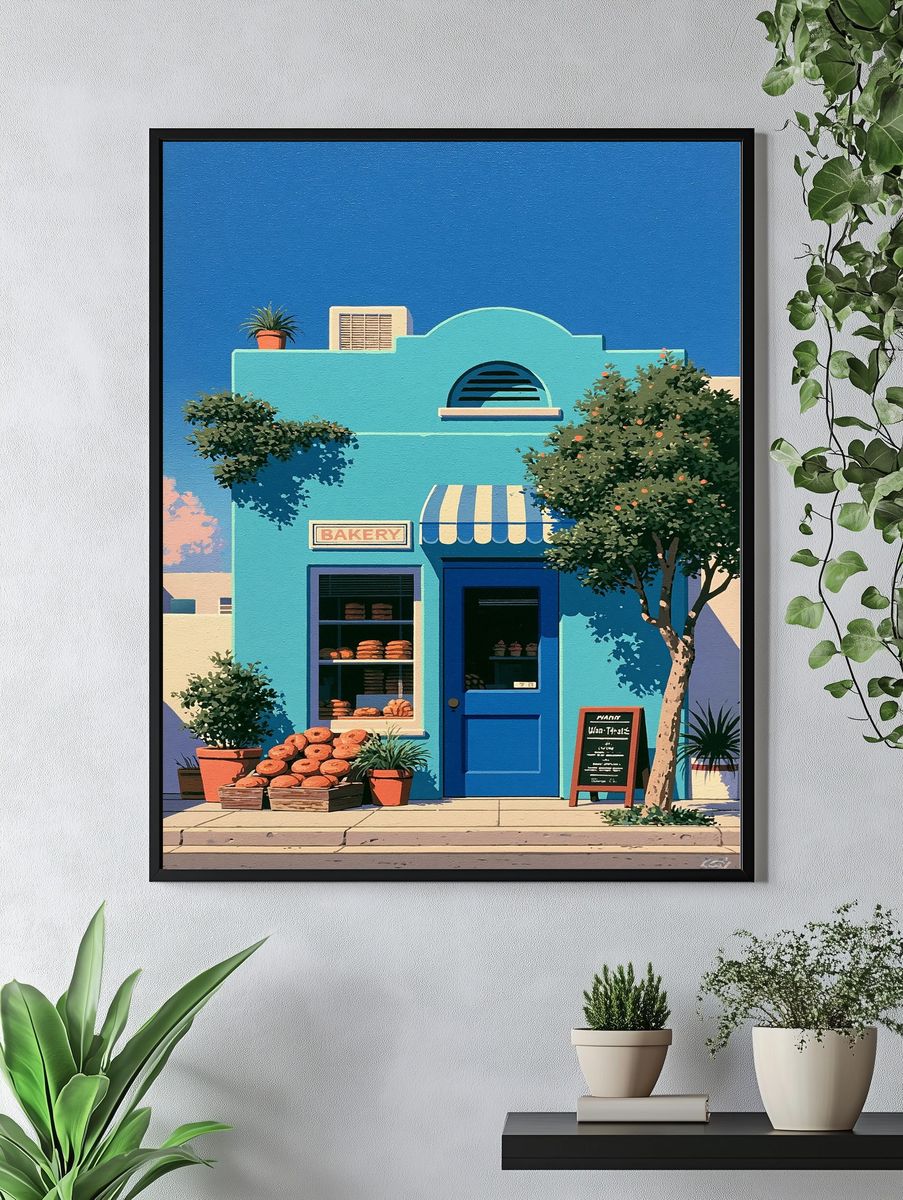 Sunlit Bakery Facade Illustration Print. — room view 4