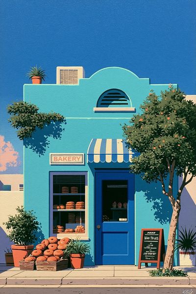 Sunlit Bakery Facade Illustration Print.