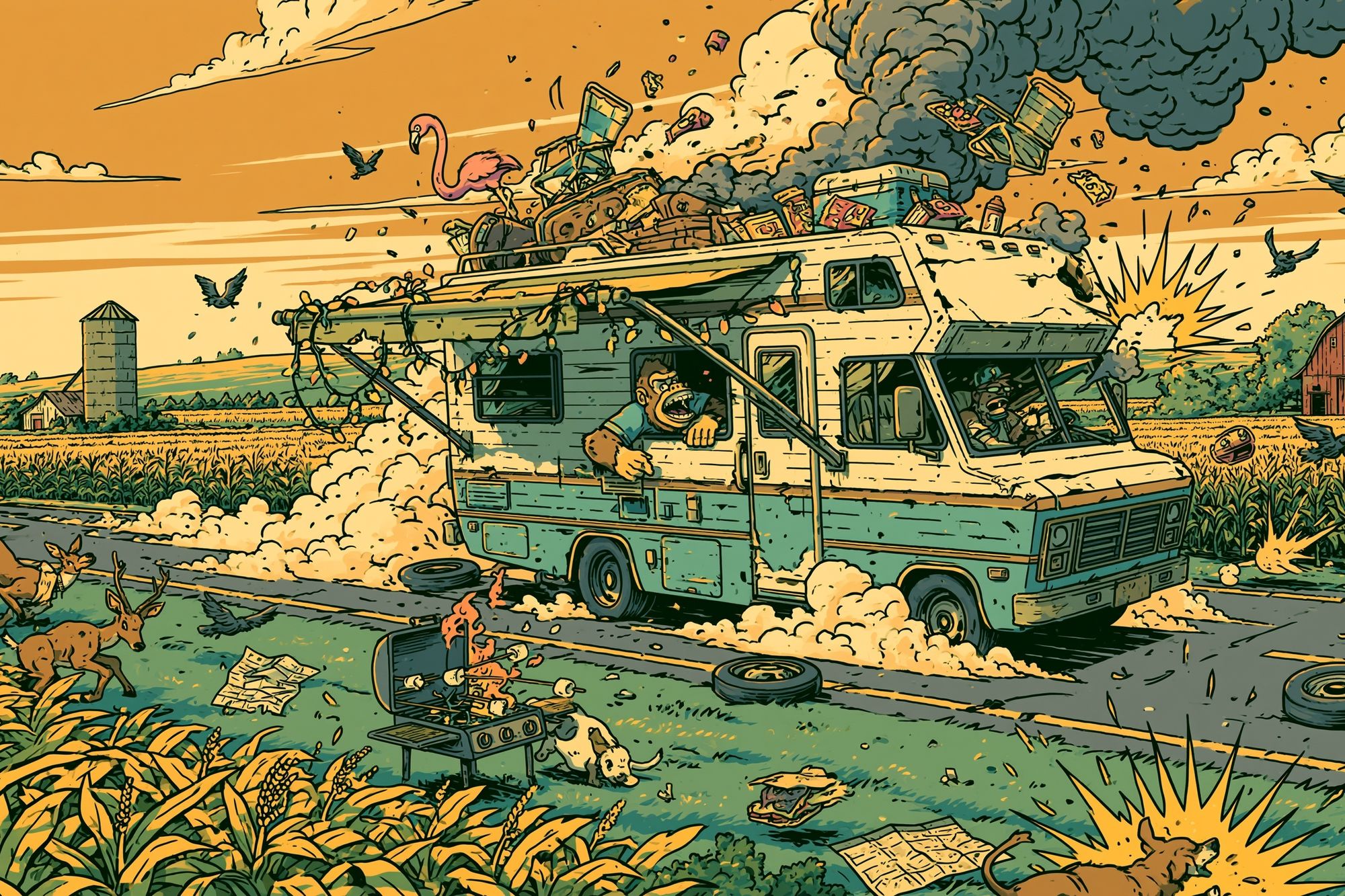 Chaotic Farm Escape Illustration Poster. poster — illustration art