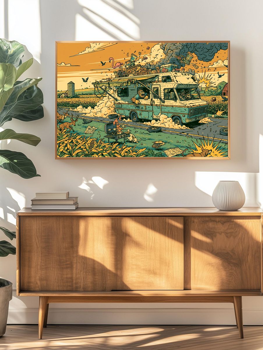 Chaotic Farm Escape Illustration Poster. — room view 3