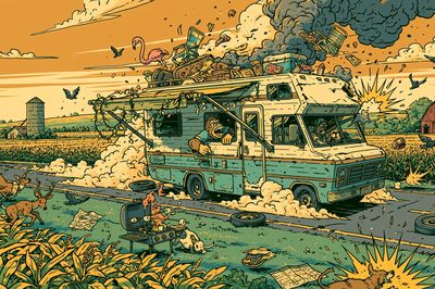 Chaotic Farm Escape Illustration Poster.
