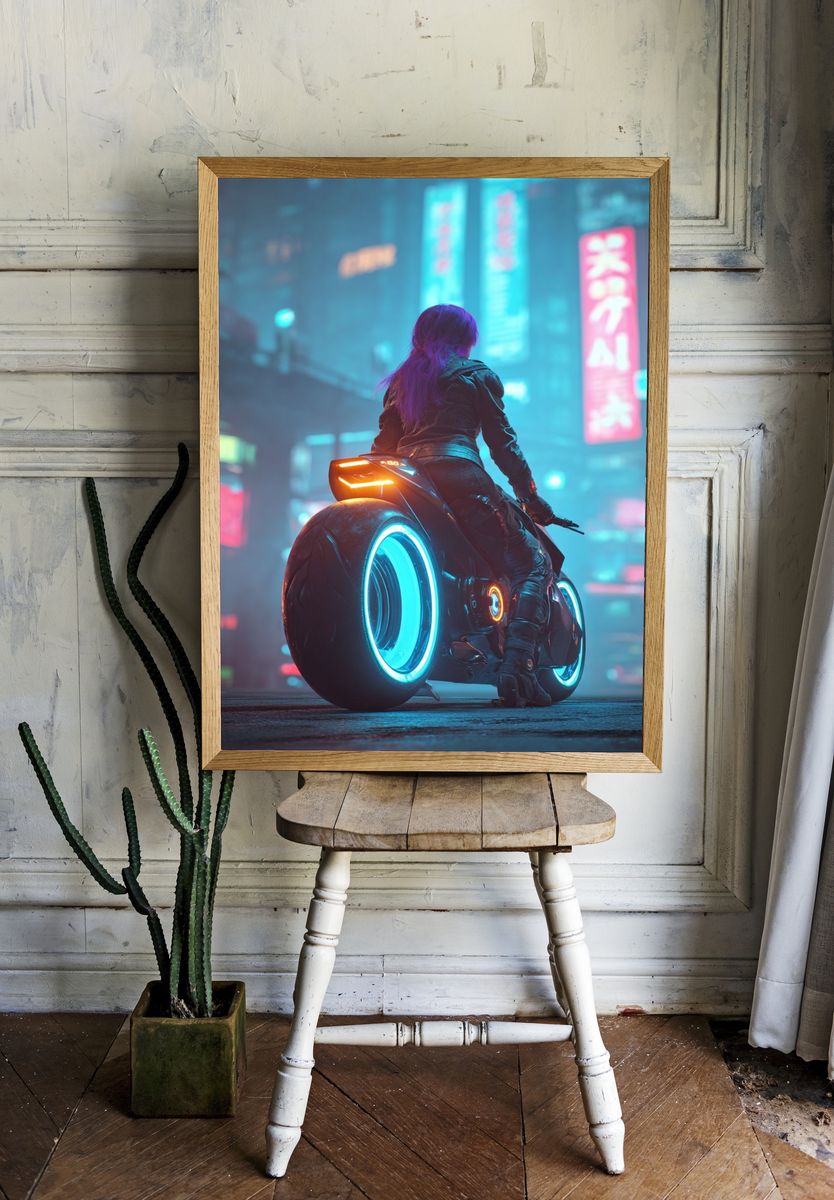 Cyberpunk Rider Neon City Poster. room preview