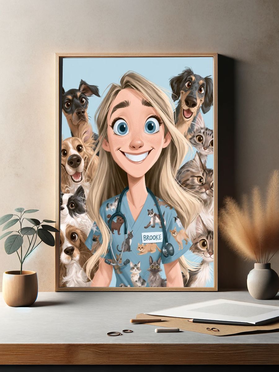 Veterinary Girl and Pets Illustration Poster. — room view 2