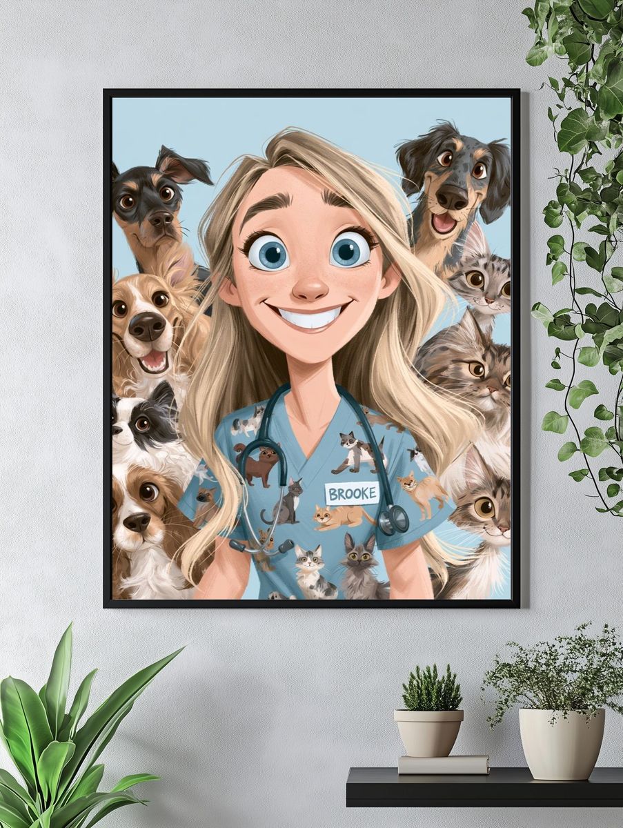 Veterinary Girl and Pets Illustration Poster. — room view 4