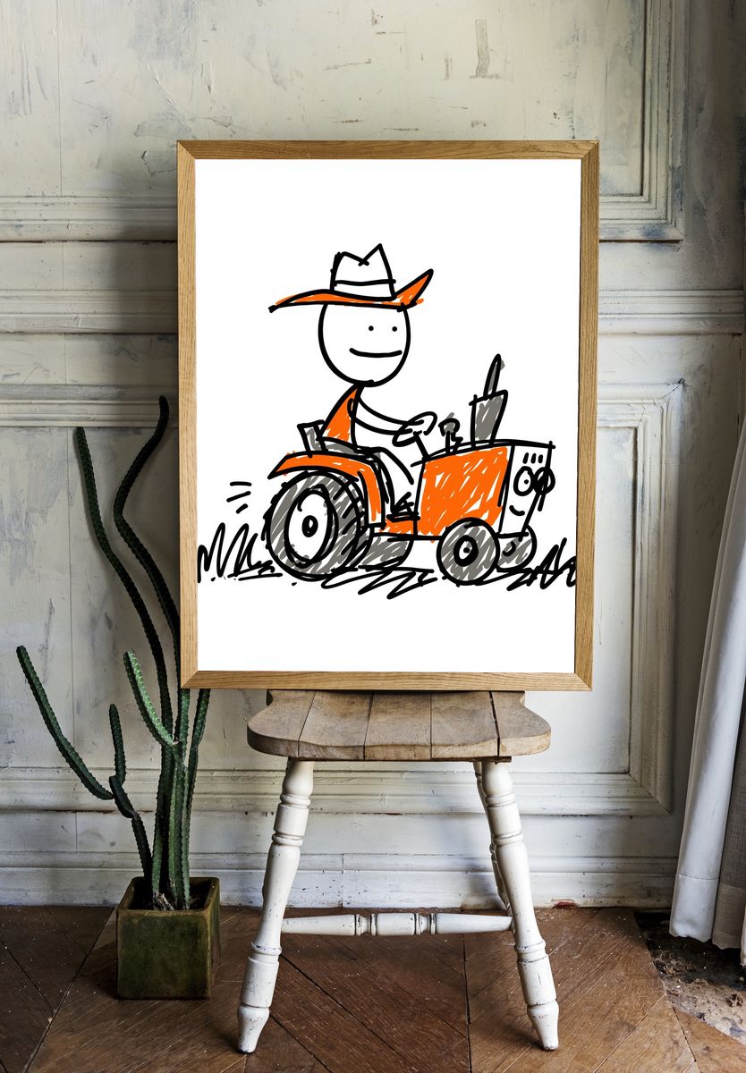 Cowboy Tractor Cartoon Print. room preview