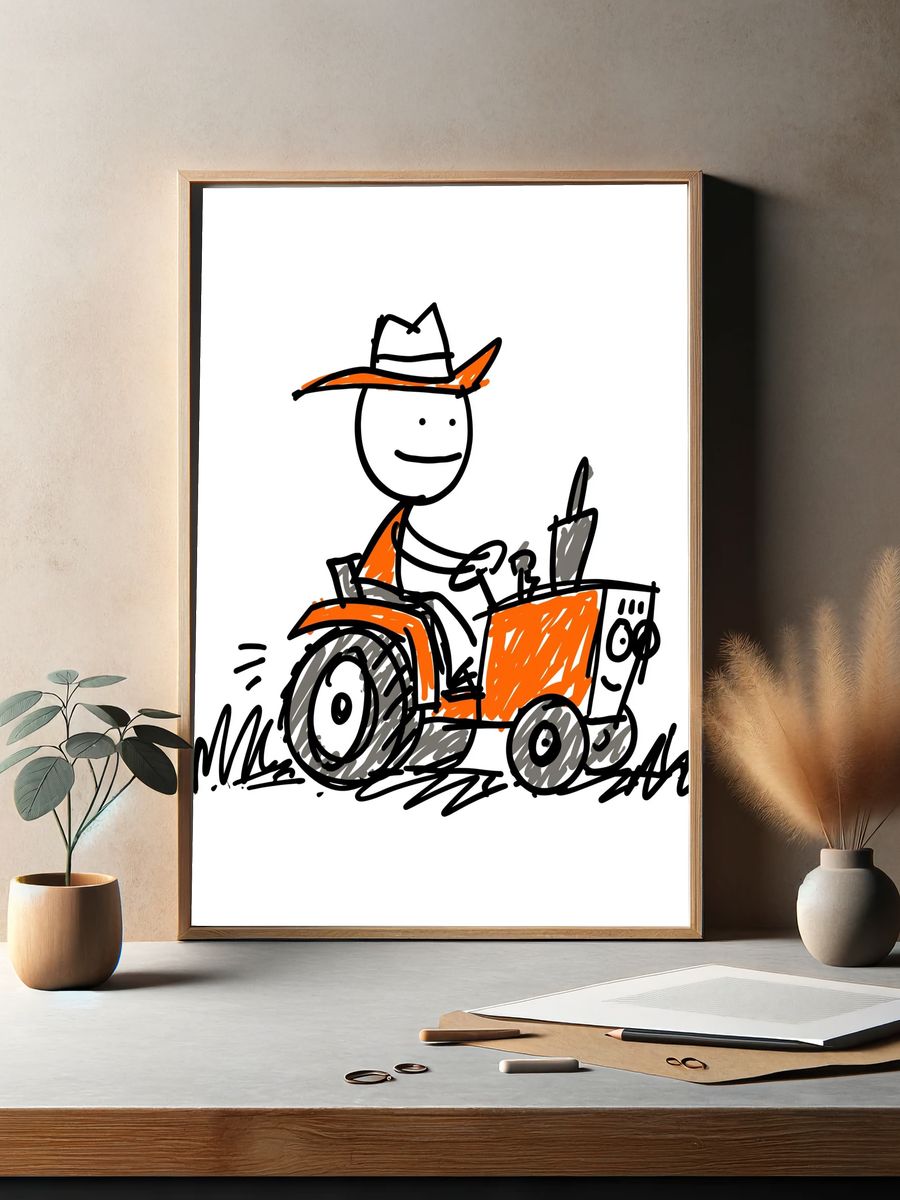 Cowboy Tractor Cartoon Print. — room view 2