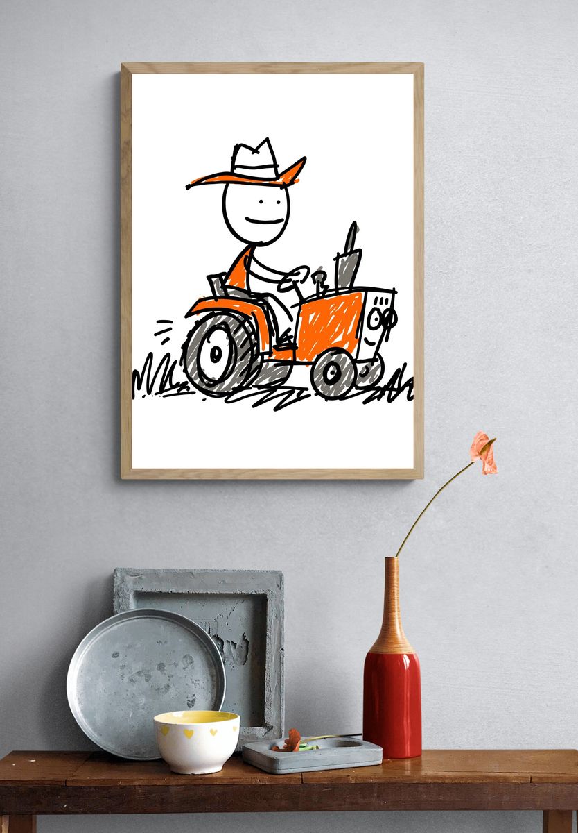 Cowboy Tractor Cartoon Print. — room view 3
