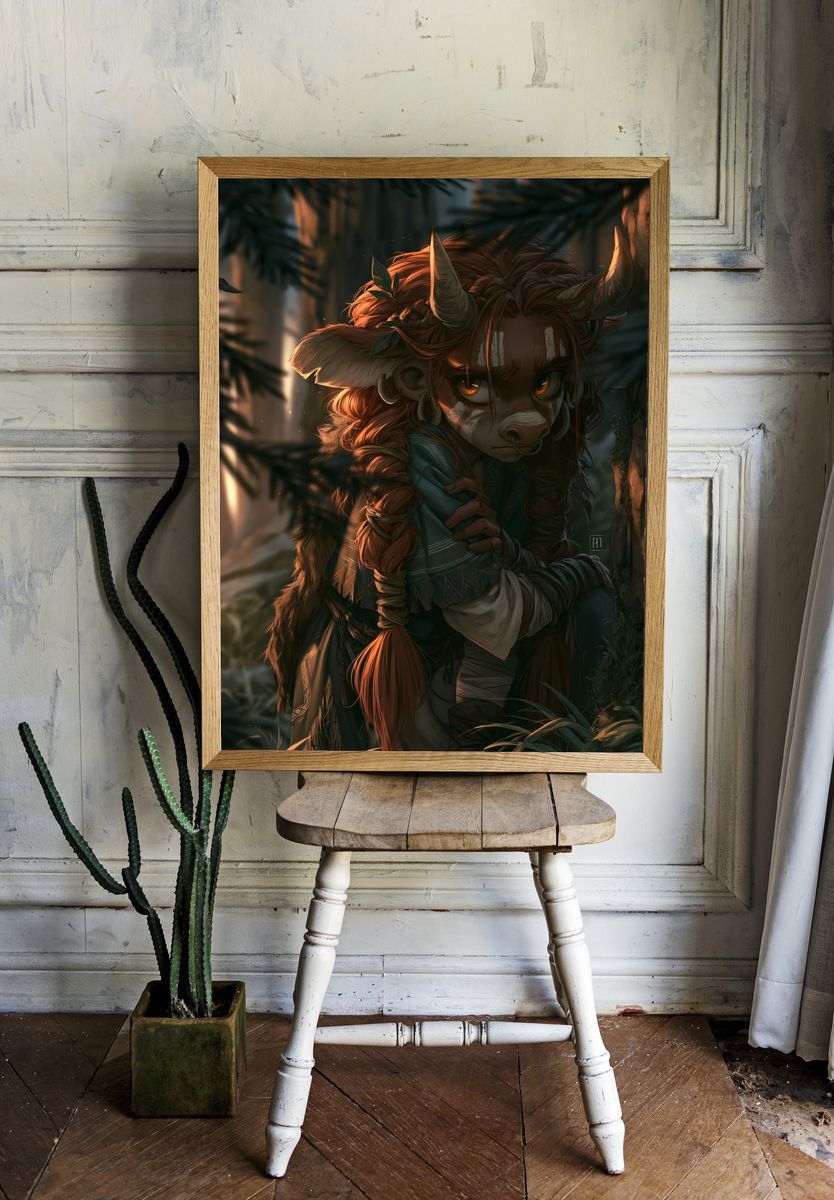 Forest Horned Character Illustration Print. room preview