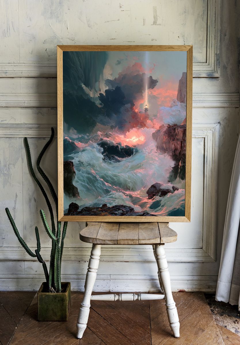 Lighthouse Stormscape Illustration Poster. room preview