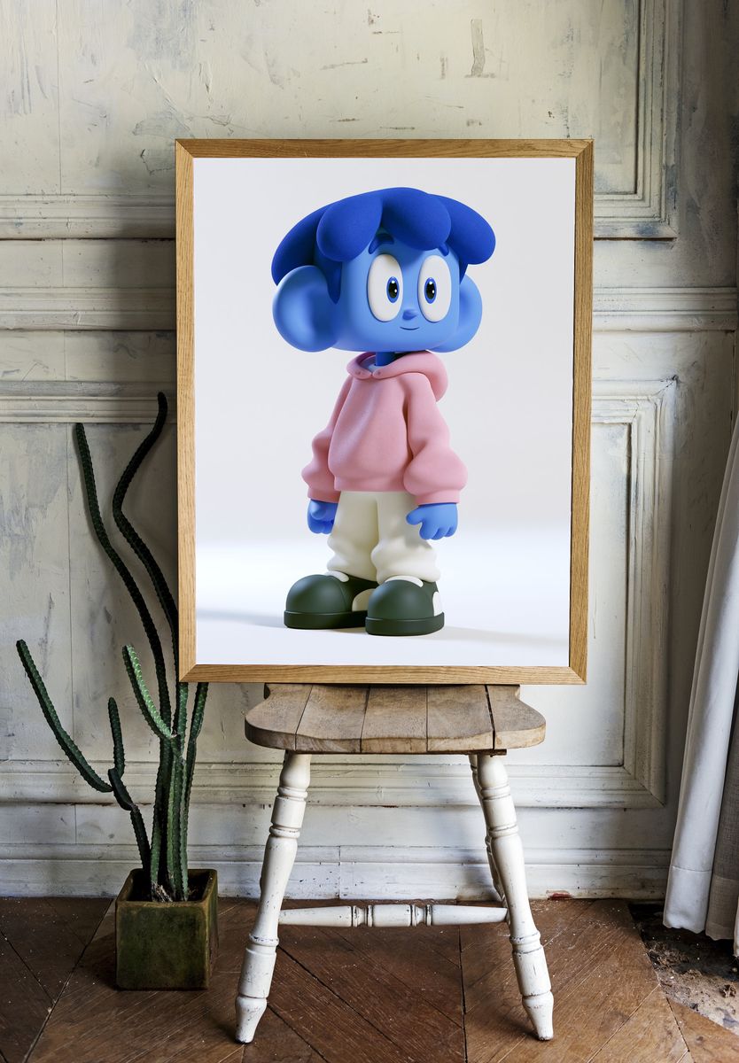 Blue Cartoon Character Portrait Print. — room view 1