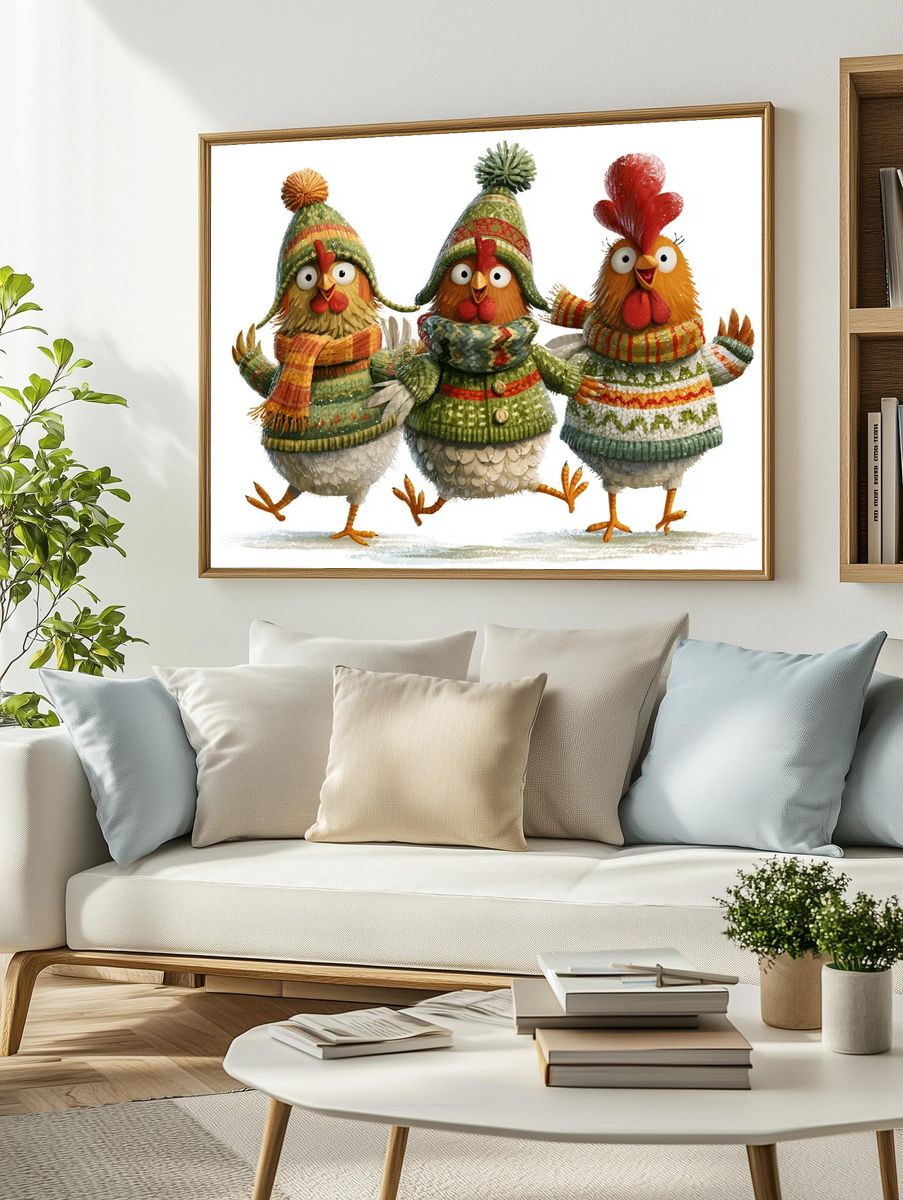 Festive Chickens Illustration Poster. — room view 2