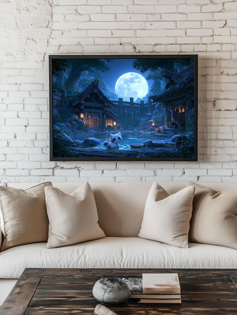 Moonlit Cat Village Illustration Poster. — room view 1