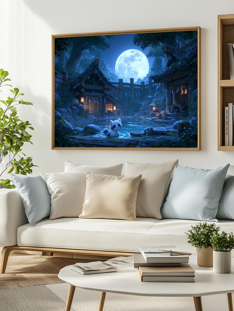 Moonlit Cat Village Illustration Poster. — room view 2