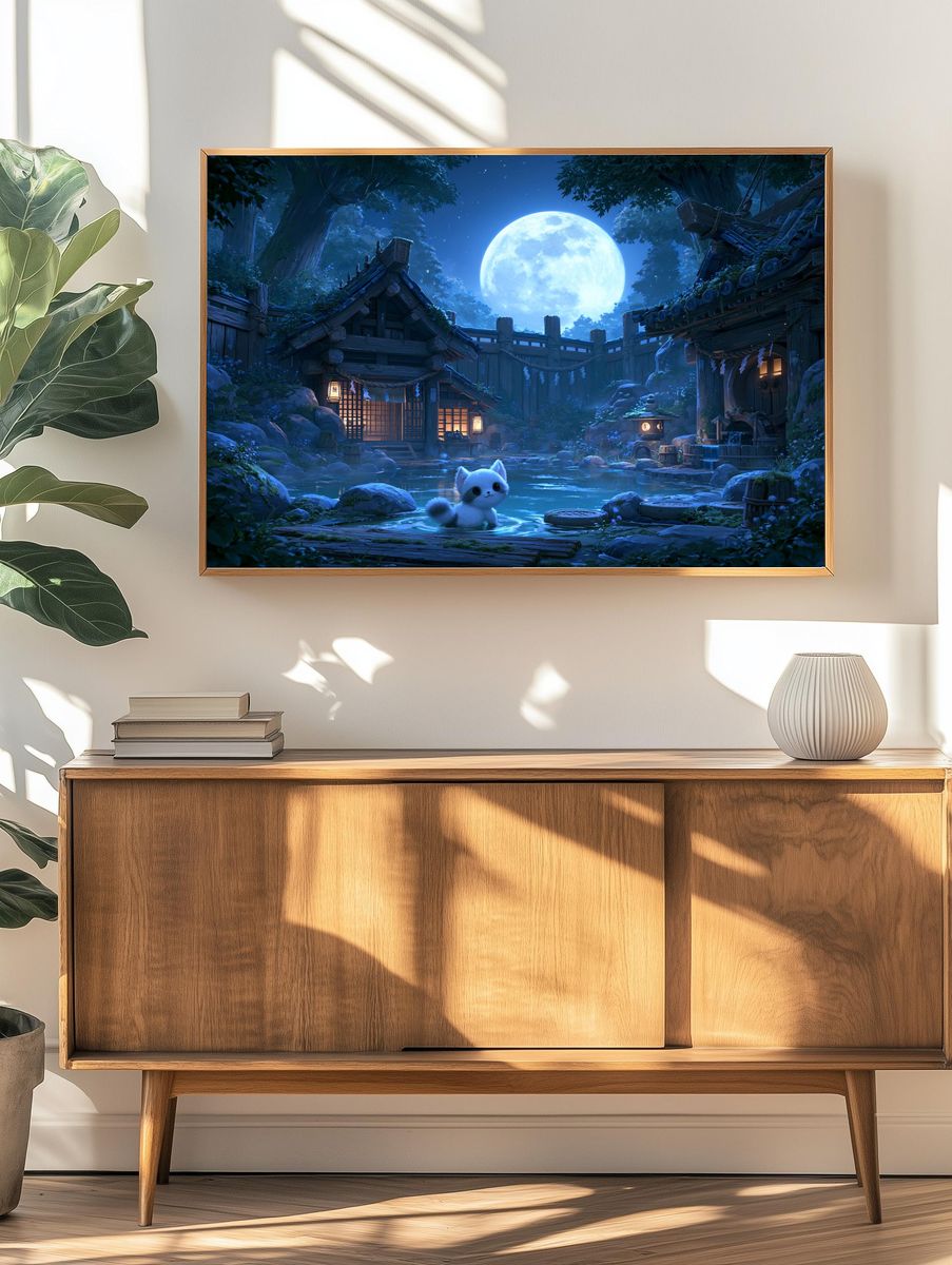 Moonlit Cat Village Illustration Poster. — room view 3