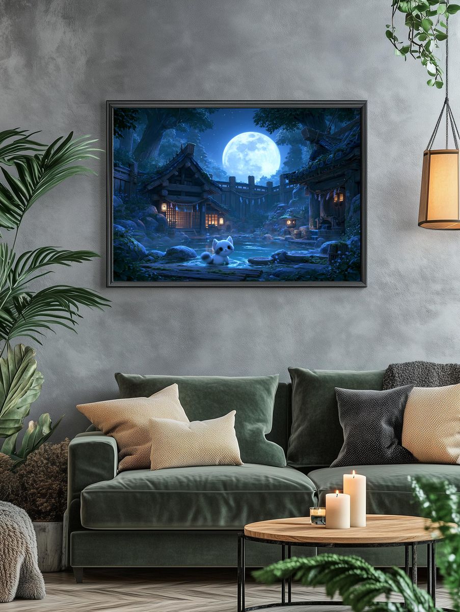 Moonlit Cat Village Illustration Poster. — room view 4