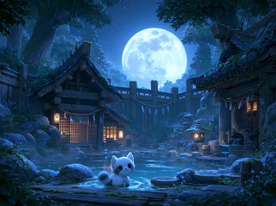 Moonlit Cat Village Illustration Poster.