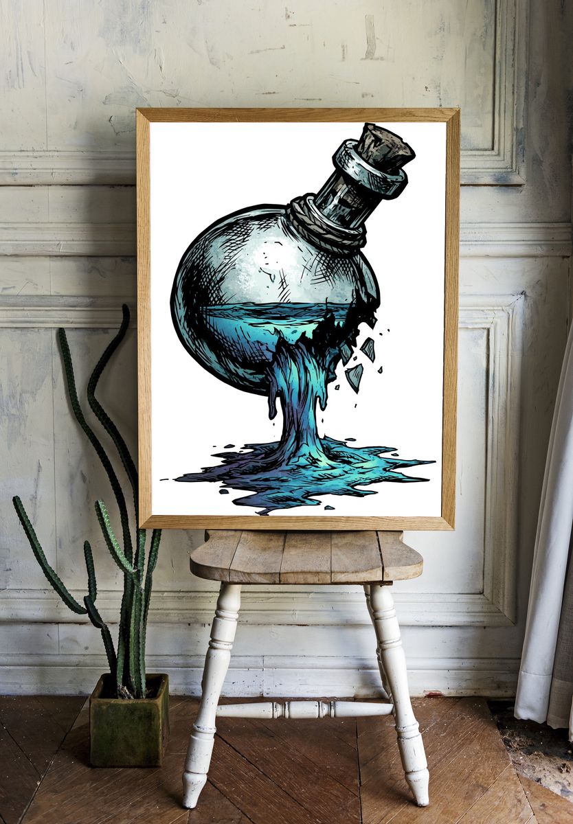 Broken Bottle Ocean Illustration Poster. — room view 1