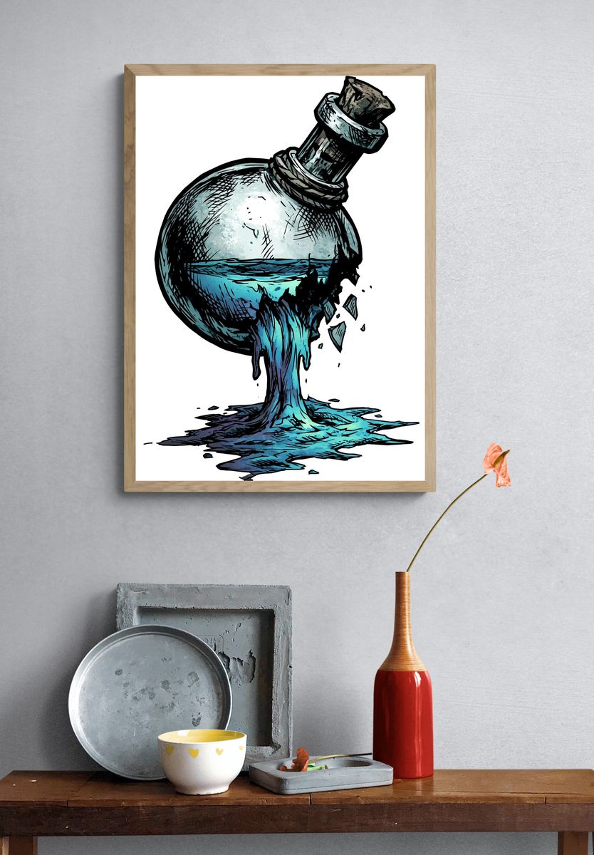 Broken Bottle Ocean Illustration Poster. — room view 3
