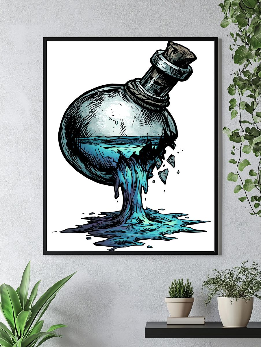 Broken Bottle Ocean Illustration Poster. — room view 4