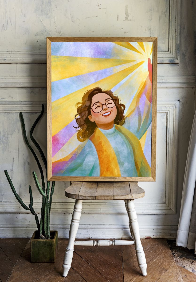 Joyful Woman Sunburst Illustration Poster. — room view 1