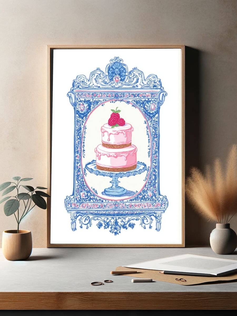 Pink Cake Toile Illustration Poster. — room view 2
