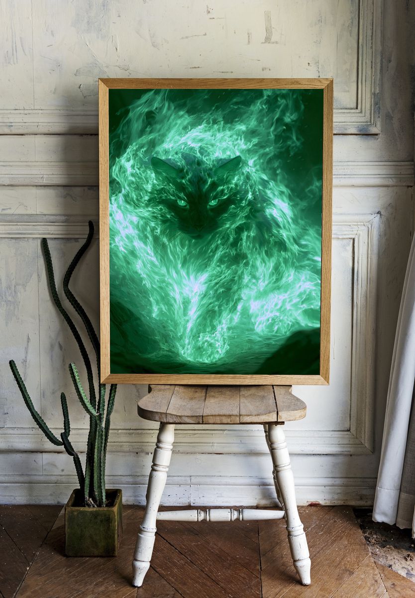 Mystic Green Cat Digital Art Poster. room preview