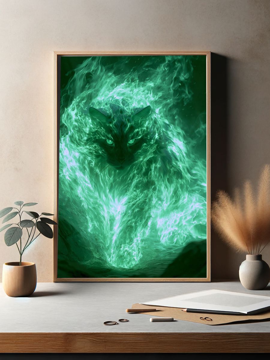Mystic Green Cat Digital Art Poster. — room view 2