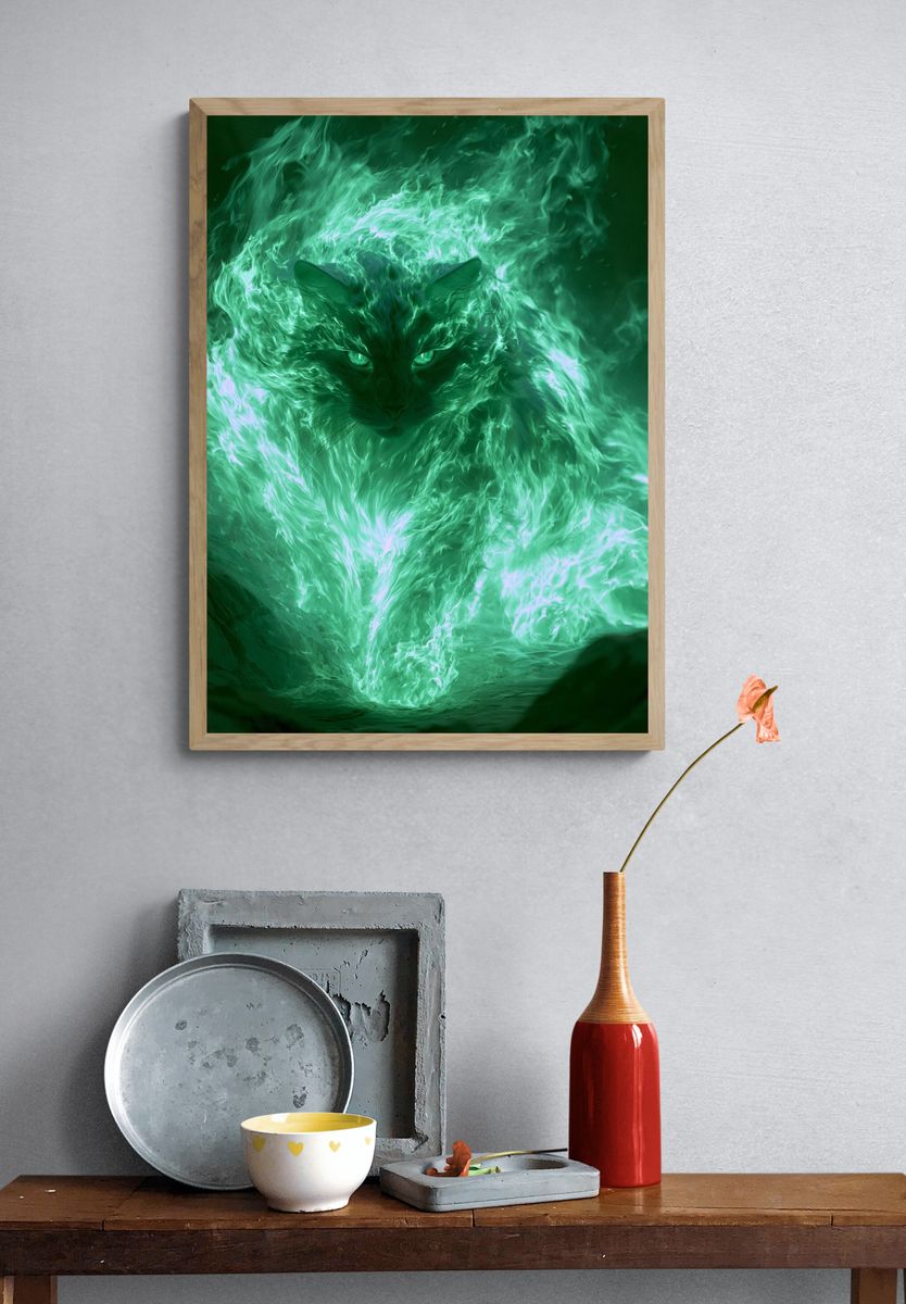 Mystic Green Cat Digital Art Poster. — room view 3