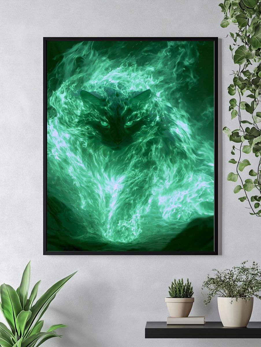 Mystic Green Cat Digital Art Poster. — room view 4
