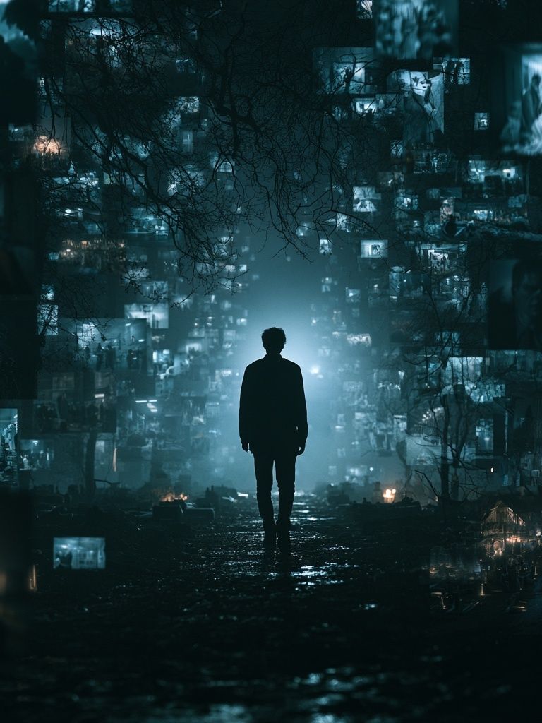 Lonely Figure in Neon Dreamscape Poster. poster — illustration art