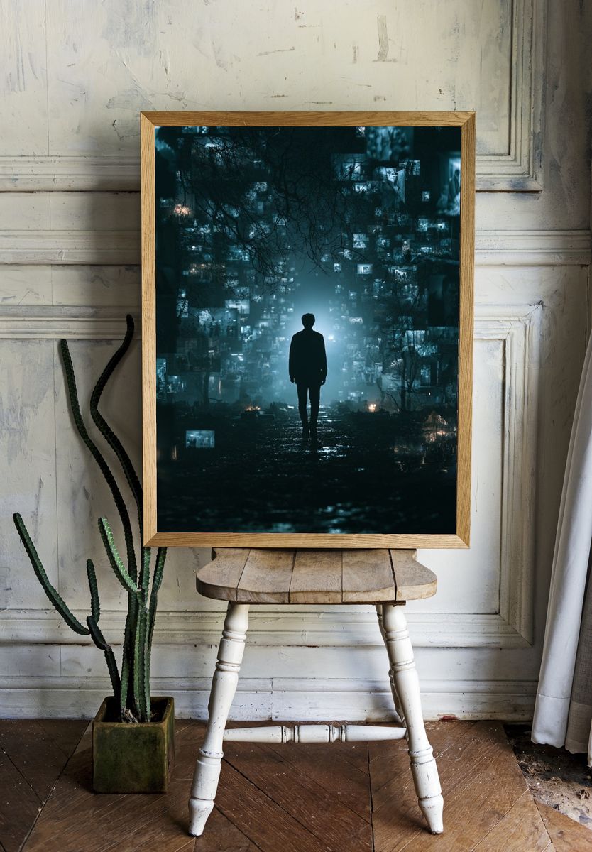 Lonely Figure in Neon Dreamscape Poster. room preview