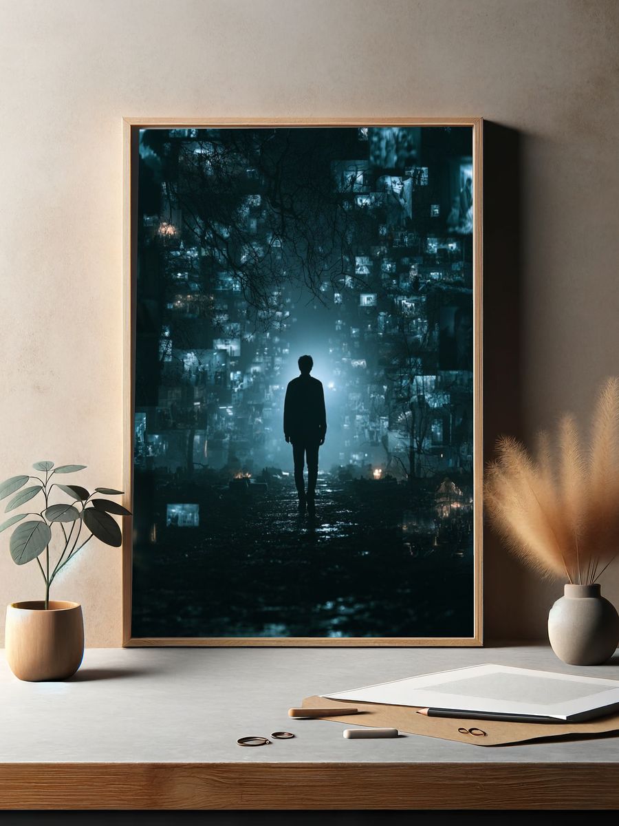 Lonely Figure in Neon Dreamscape Poster. — room view 2