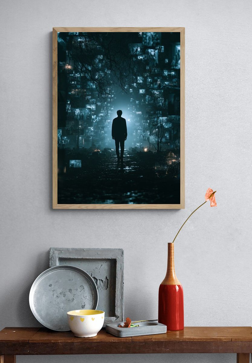 Lonely Figure in Neon Dreamscape Poster. — room view 3