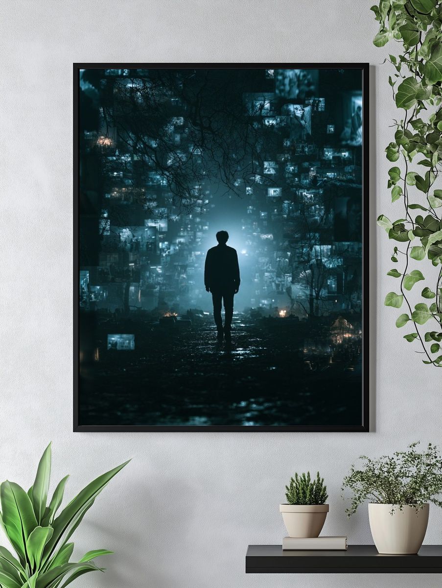 Lonely Figure in Neon Dreamscape Poster. — room view 4