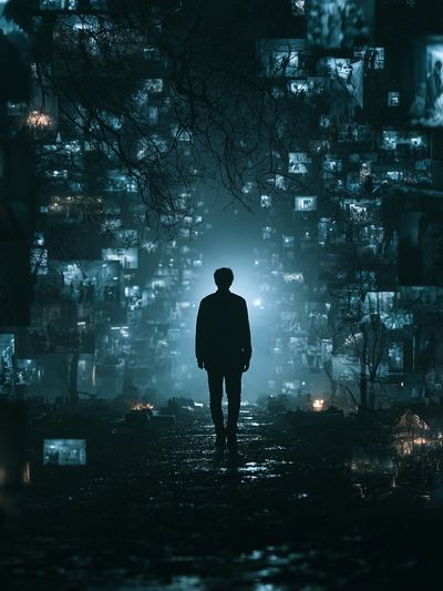 Lonely Figure in Neon Dreamscape Poster. poster