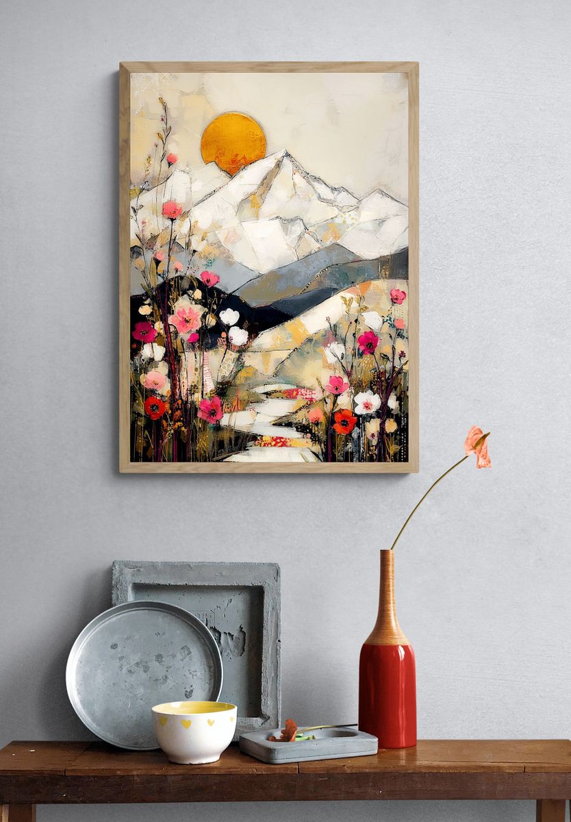 Sunlit Mountain Blooms Illustration Poster. — room view 3