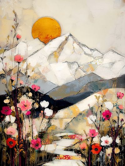 Sunlit Mountain Blooms Illustration Poster.