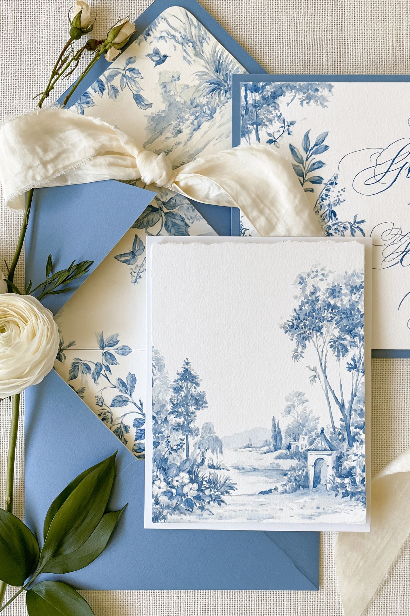 Blue Toile Garden Landscape Print. poster detail