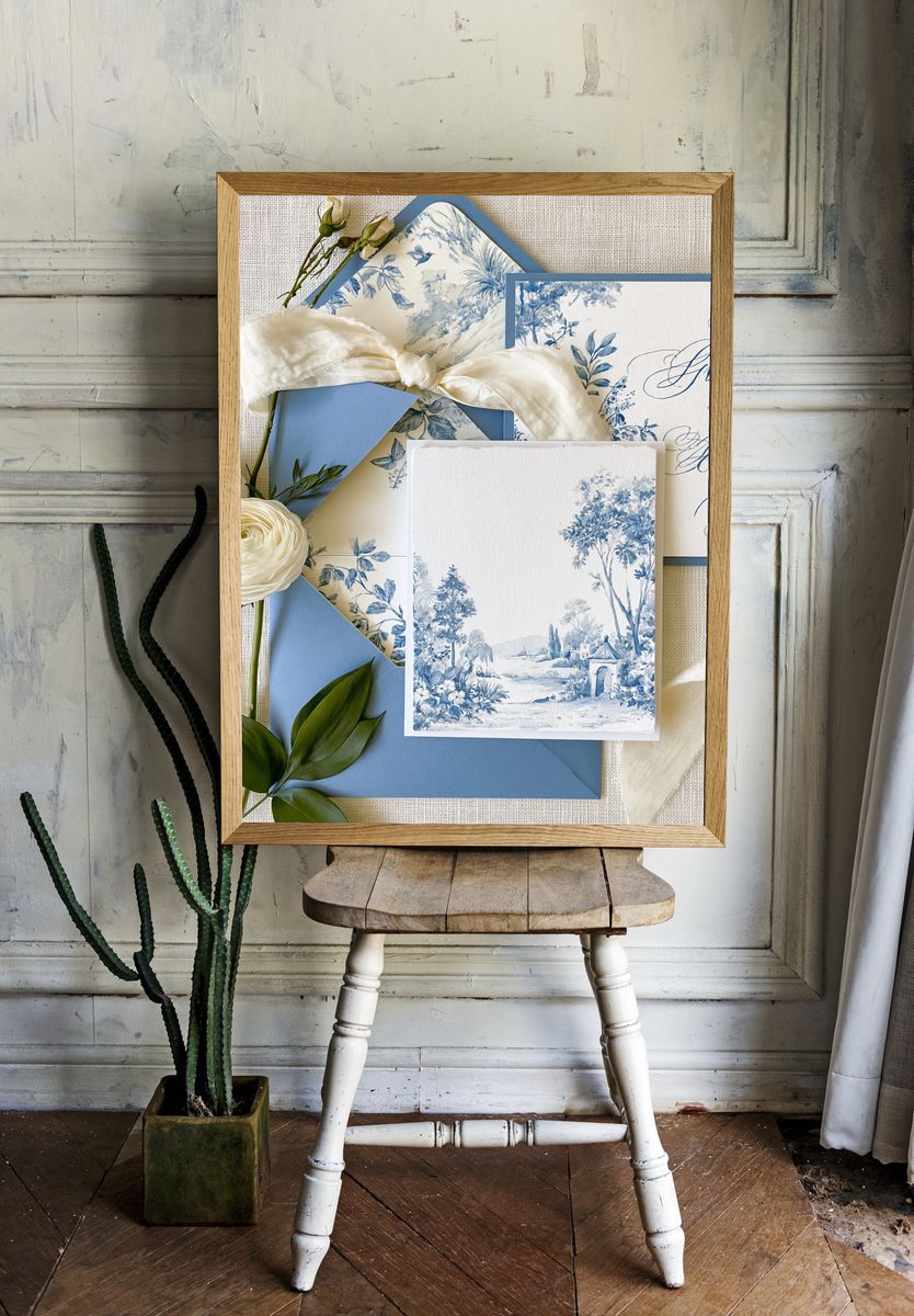 Blue Toile Garden Landscape Print. room preview