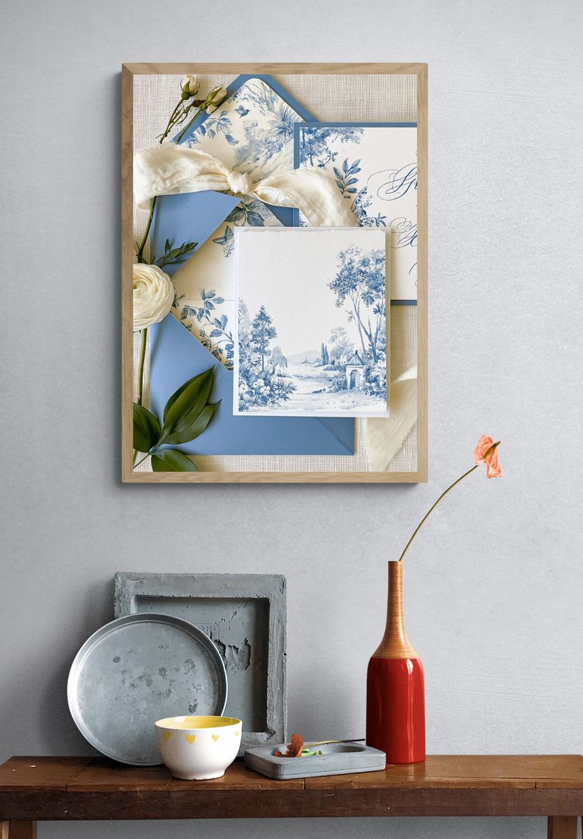 Blue Toile Garden Landscape Print. — room view 3