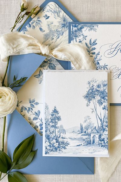 Blue Toile Garden Landscape Print. poster print