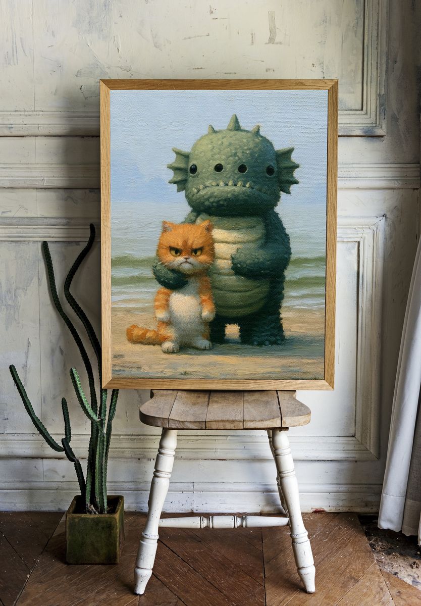 Grumpy Cat and Monster Illustration Poster. — room view 1