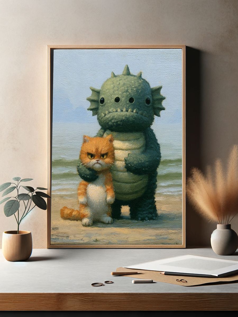 Grumpy Cat and Monster Illustration Poster. — room view 2