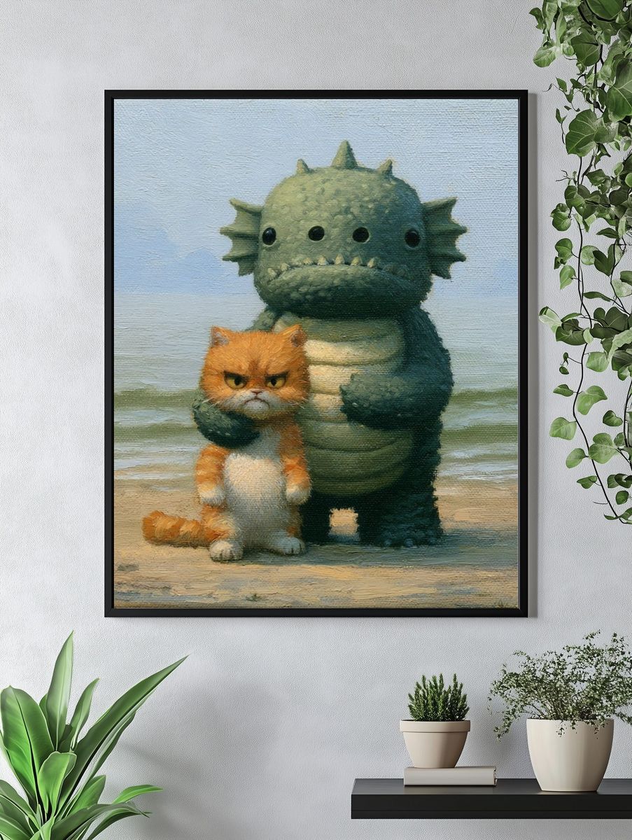 Grumpy Cat and Monster Illustration Poster. — room view 4