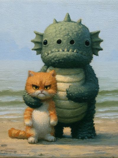 Grumpy Cat and Monster Illustration Poster. poster
